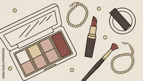 Makeup Cosmetics Flat Lay Illustration.