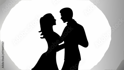 Romantic silhouette of a couple embracing tenderly, bathed in soft light, perfect for love stories