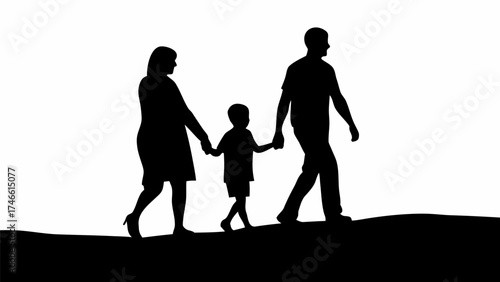 Happy family walks together hand in hand silhouette, showcasing love and togetherness vector
