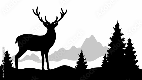Majestic deer silhouette with mountains and evergreens for winter holidays designs and outdoor adventure