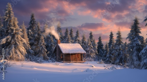 Cozy Wooden Cabin in Snowy Forest at Sunset with Warm Light