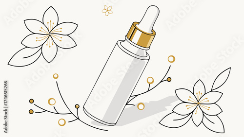 Minimalist skincare bottle with floral elements.