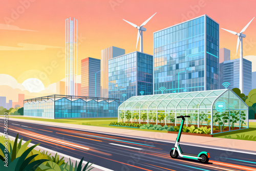 Futuristic cityscape with green energy