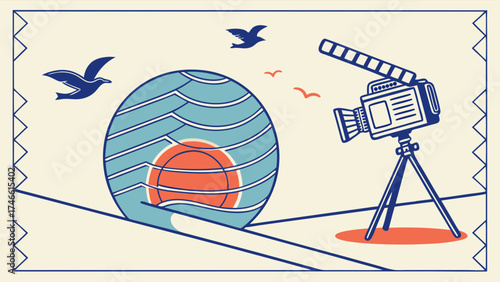 Vintage Illustration of Birds Circle with Orange and Camera Retro Poster Style.