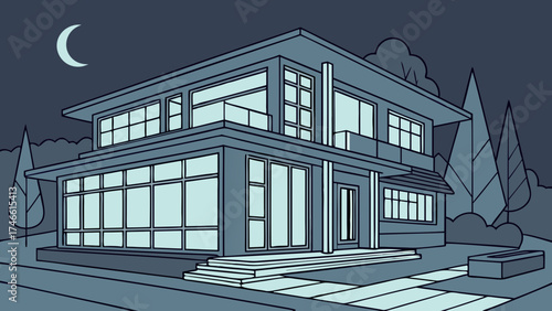 Modern House at Night with Moonlit Sky.