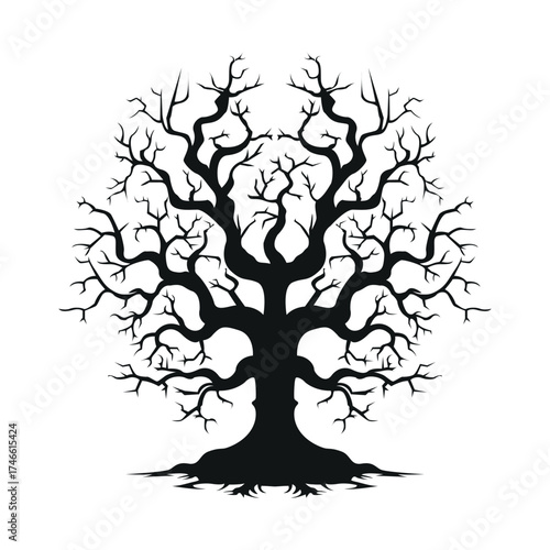 Spooky black silhouette of a twisted halloween dead tree.