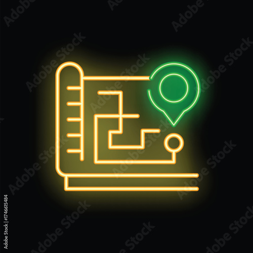 Neon icon of a location pin on a city map, representing finding your way around