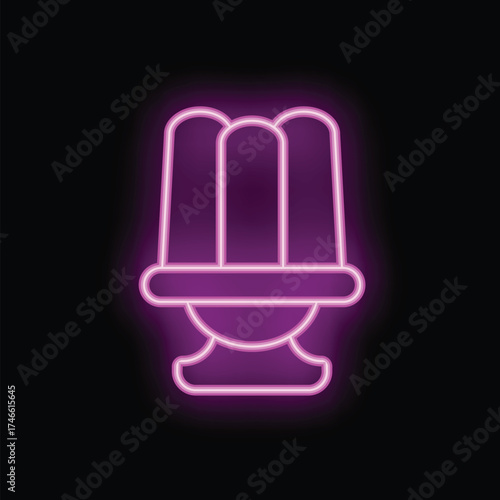 Vivid neon sign depicting a pudding dessert, glowing brightly against a dark background