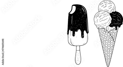 Ice cream vector sketch desserts. Hand drawn wafer cone, gelato, chocolate glazed, sundae, and ice cream served in a glass bowl.