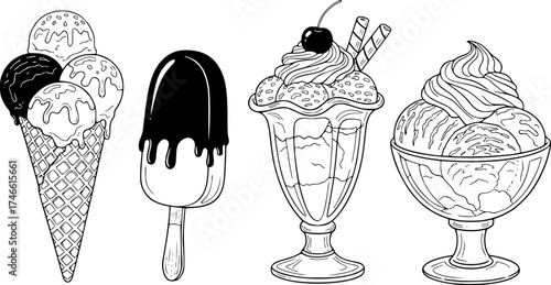 Ice cream vector sketch desserts. Hand drawn wafer cone, gelato, chocolate glazed, sundae, and ice cream served in a glass bowl.