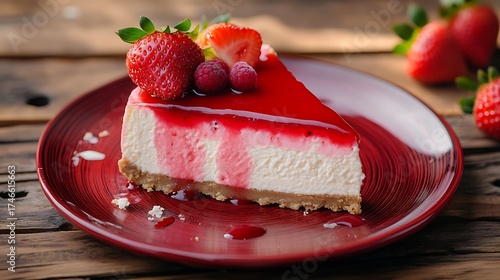 Delicious strawberry cheesecake on red plate