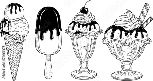 Ice cream vector sketch desserts. Hand drawn wafer cone, gelato, chocolate glazed, sundae, and ice cream served in a glass bowl.