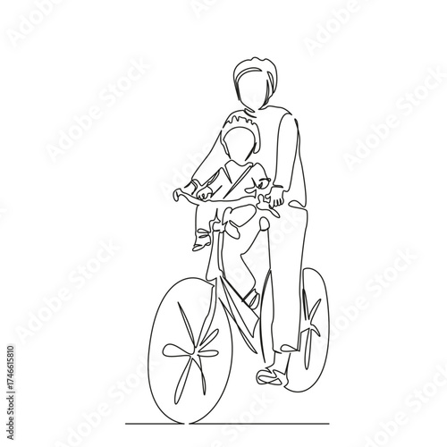 One continuous single drawing line art flat doodle children, mother, family, bicycle, woman, happy, bike. Isolated image hand draw contour on a white background, hand drawn, not AI