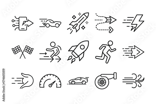Speed and Motion Line Icons Set – Fast Car, Rocket, Runner, and Turbo Symbols
