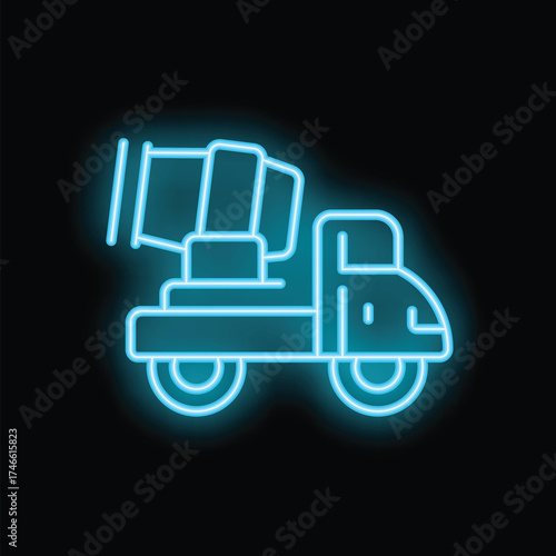 Blue neon icon of a concrete mixer truck glowing on a black background, perfect for construction or industrial themed designs