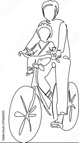 One continuous single drawing line art flat doodle children, mother, family, bicycle, woman, happy, bike. Isolated image hand draw contour on a white background, hand drawn, not AI