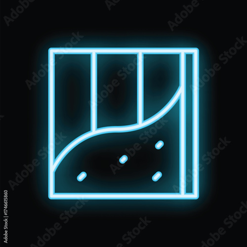 Glowing neon blue icon of soil layers with particles, depicting the composition of ground with subsoil and bedrock for geology and agriculture
