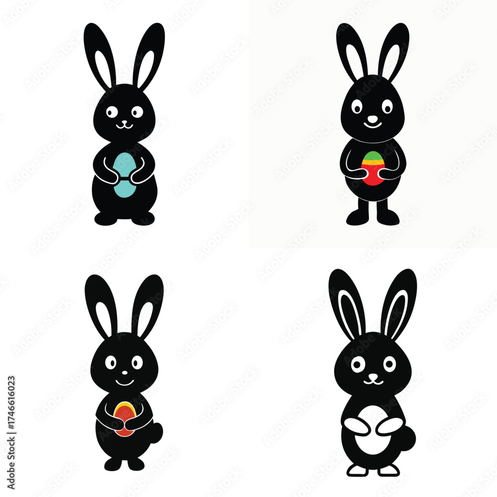 Fototapeta premium Cute Black rabbit Easter Bunnies with Eggs