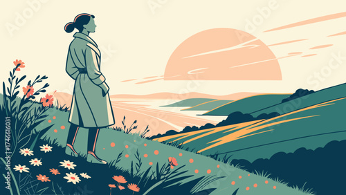 Woman admiring scenic landscape at sunset stylized illustration vector art nature hills flowers calm peaceful serene travel wanderlust adventure journey relaxation contemplation mi.