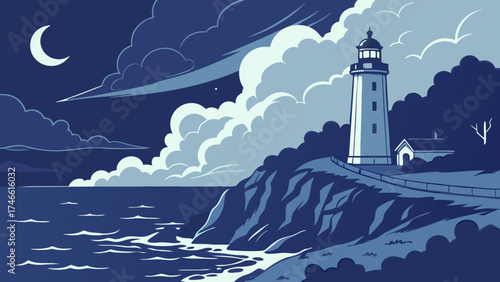 Nighttime Seascape with Lighthouse and Crescent Moon Coastal Illustration.