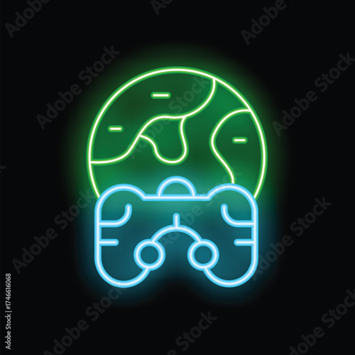 Neon icon of a blue gamepad controlling a green planet earth, symbolizing the concept of global gaming