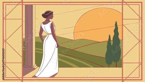 Woman in white dress admiring sunset over rolling hills art deco style illustration.