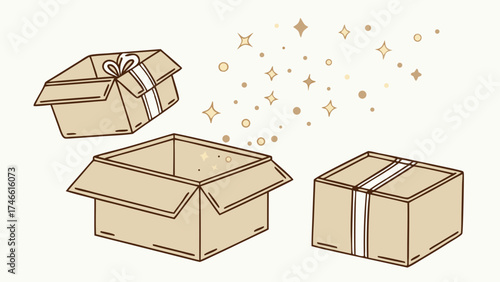 Open Cardboard Box with Magic Sparkle Effect.