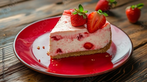 Delicious strawberry cheesecake on red plate