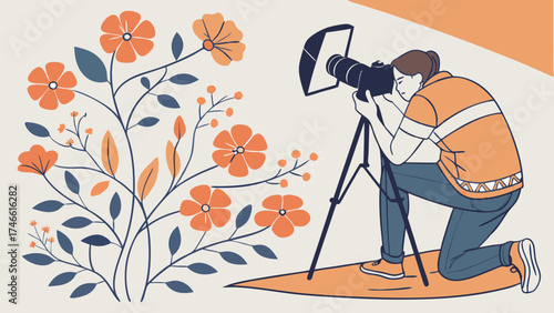 Photographer Kneeling Taking Photo of Flowers Studio Shoot Illustration Graphic Design.