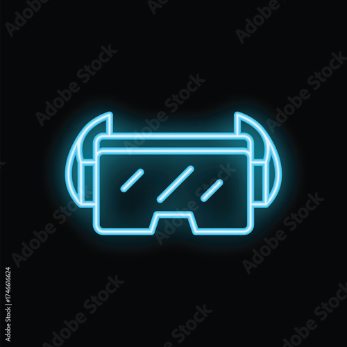 Blue neon sign depicting virtual reality gaming goggles is glowing on a black background