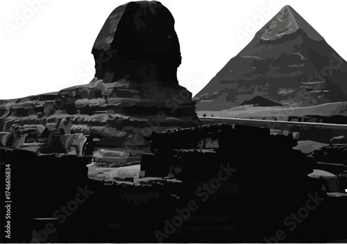 Silhouette of the great sphinx of giza and the pyramid against white background, showcasing ancient egyptian architecture isolated on white background