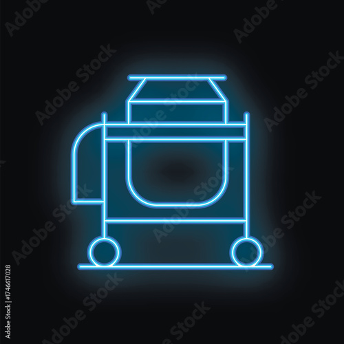 Neon blue icon of a room service cart glowing on a black background