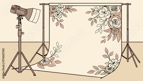 Photography Studio with Backdrop and Lighting Equipment.