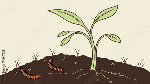 Plant seedling growing in soil with worms illustration botanical diagram agriculture gardening nature spring growth sprout botany plant life ecosystem environmental science educationa.