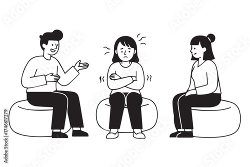 Three people sitting on beanbags, one person in the middle looks upset with arms crossed, isolated on transparent background