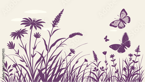 Purple Floral Meadow with Butterflies Nature Illustration for Design Projects.