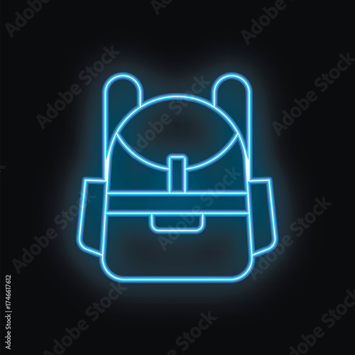 Blue neon backpack shining in the dark background