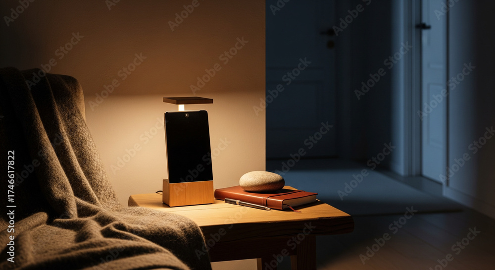 Naklejka premium Modern Interior Warm Light Bedside Lamp with Smartphone Device Technology