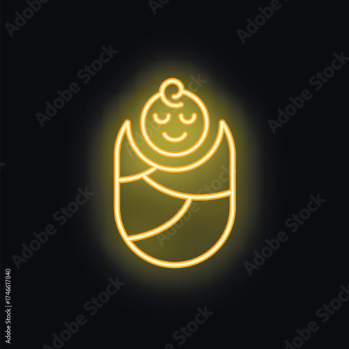 Yellow neon sign depicting a newborn baby sleeping peacefully, swaddled in a blanket, evoking feelings of warmth and tranquility