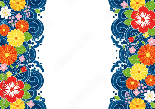 Vibrant Japanese-style flowers burst from stylized blue waves, creating a lively and colorful decorative frame with a clean white center