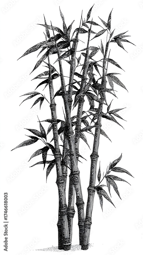 Obraz premium Elegant vintage bamboo botanical illustration in traditional Asian engraving style, hand-drawn black and white artwork with detailed leaves and stalks symbolizing nature, zen, and tranquility.
