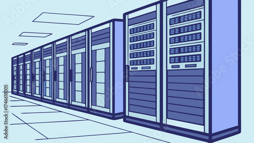 Server Room Illustration Data Center Rack Cabinets with Perspective.