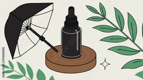 Serum bottle product mockup with leaves and umbrella illustration cosmetic packaging design template skincare beauty natural product minimalist style.