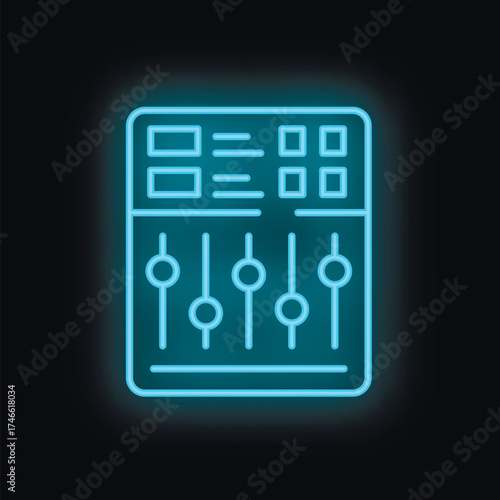 Neon icon of an audio mixer with faders and buttons glowing on a dark background, representing music production and sound engineering