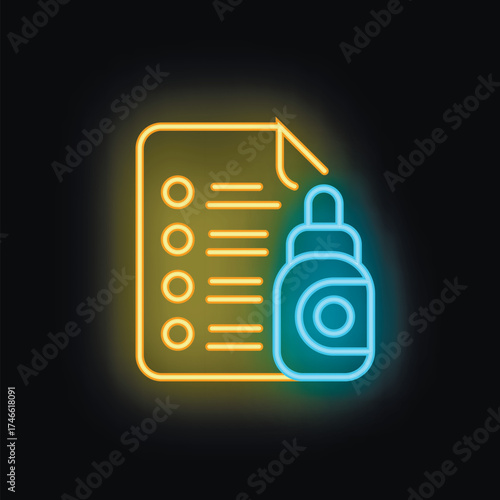 Neon sign representing copyrighting a document with a copyright symbol on a locked bottle