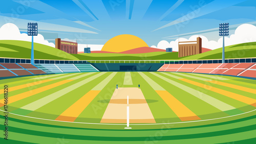 Vector art of cricket stadium with pitch for sport concept