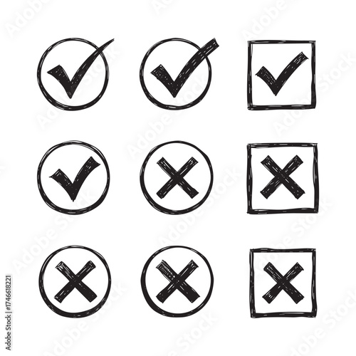 Hand drawn check marks and cross marks collection for approval