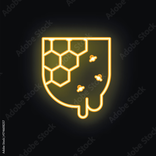 Bright neon sign depicting honey dripping from a honeycomb with bees flying around is glowing on a black background