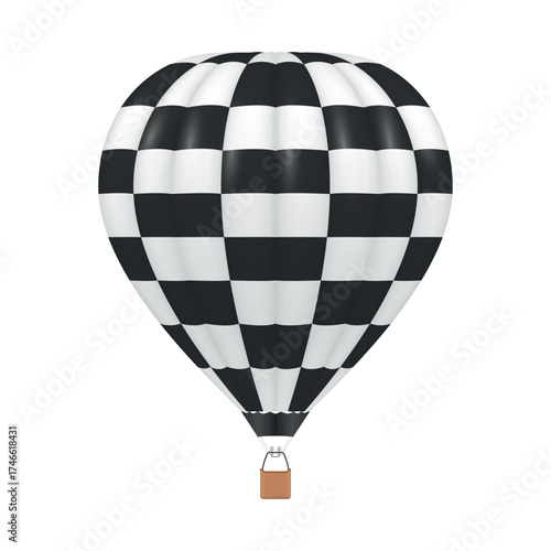 Illustration of a hot air balloon with a striking black and white checkered pattern on a white background