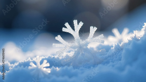 snowflakes on a blue snowy background, christmas and new year concept, close-up macro photography